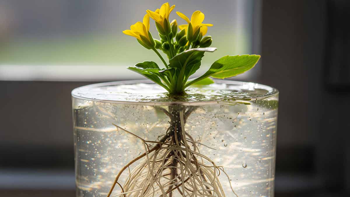 A photorealistic image of a small plant growing in ClearSoil, with its roots clearly visible through the transparent gel.